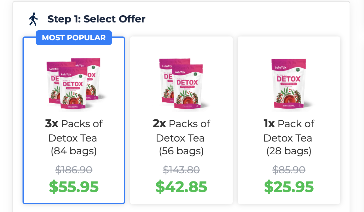Lulutox Detox Tea pricing and package options